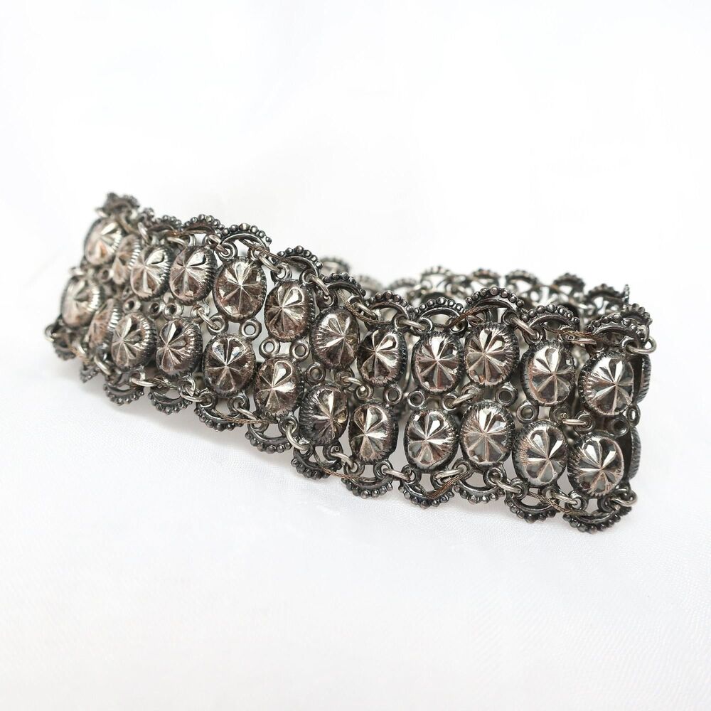 Vintage Silver Tone Filigree Panel Link Bracelet 1970s Boho Stamped Chain Gift